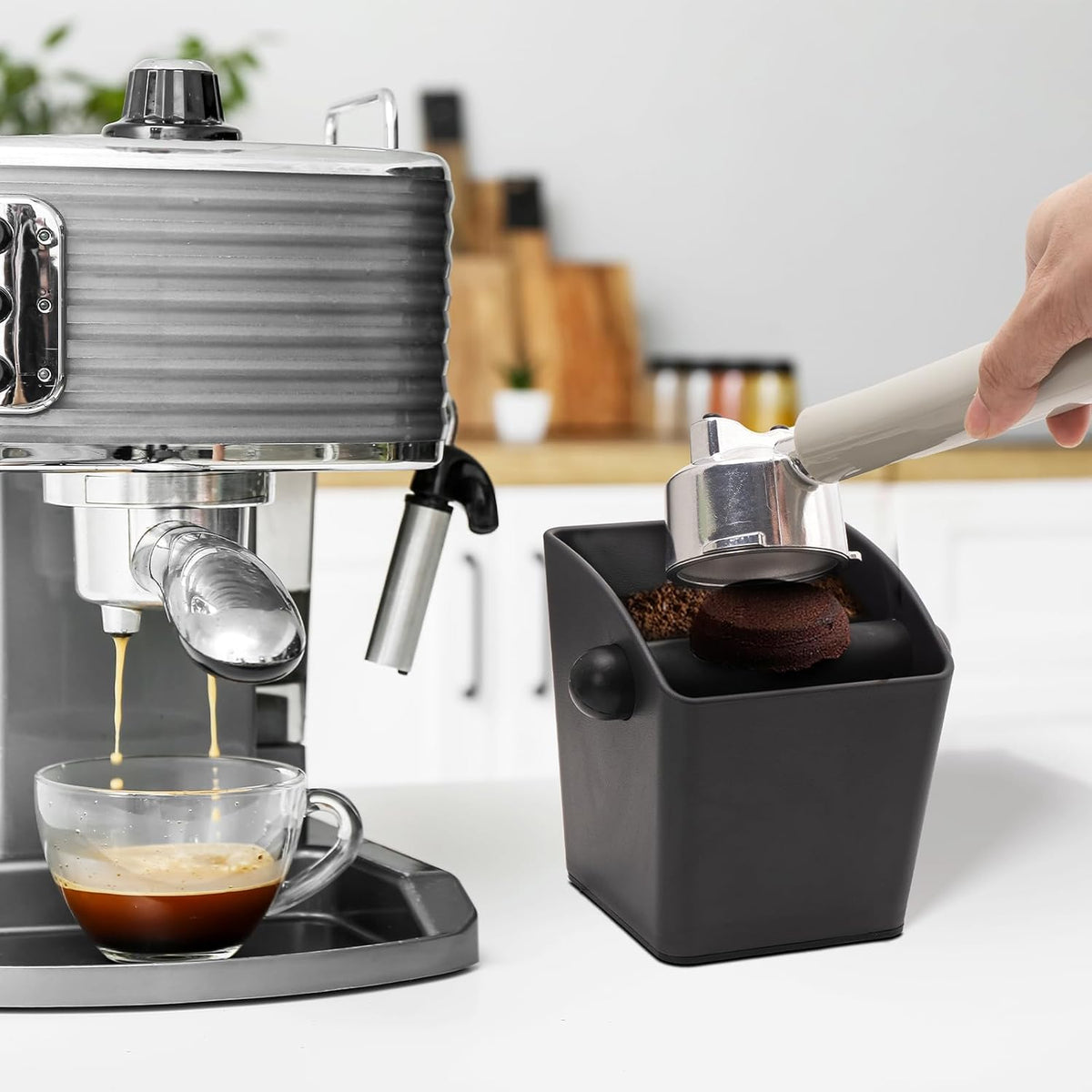 Espresso Knock Box - Shock-Absorbent Durable ABS Coffee Grounds Knock Box with Removable Detachable Knock Bar and Non-Slip Base for Father's Day Gift