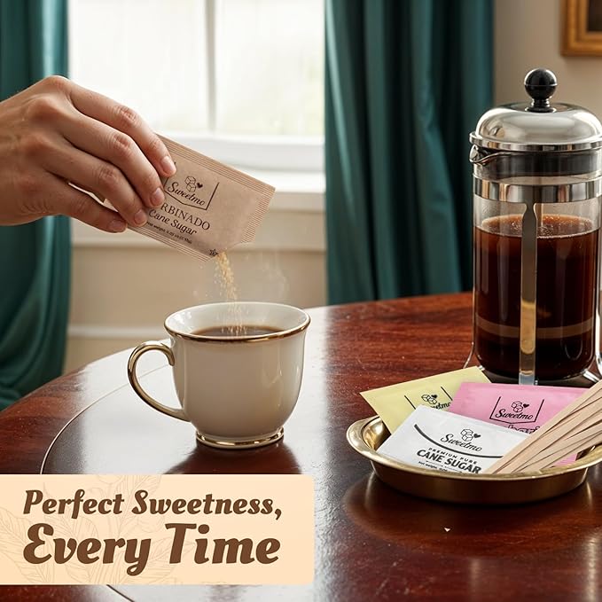 Sweetmo Sugar Packets Variety Pack - Sucralose, Raw Sugar, Saccharin, Cane Sugar with Wooden Stirrers - 400 Count for Coffee, Tea, Office Breakrooms