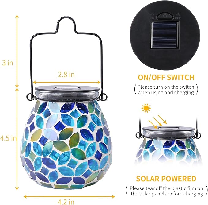 Afirst Mosaic Solar Lanterns Outdoor - Glass Hanging Solar Lights Hollow Out Waterproof Table Lamp Outdoor Decorative for Garden, Patio, Holiday Party Outdoor Decoration