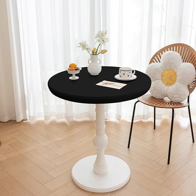 Round Fitted PU Tablecloth with High Elastic Edge 24 Inch Dia Waterproof Oil Proof Table Cloth Anti-Scald Stain-Resistant Wipeable Table Cover for Indoor Outdoor Picnic (Black,24" Dia)