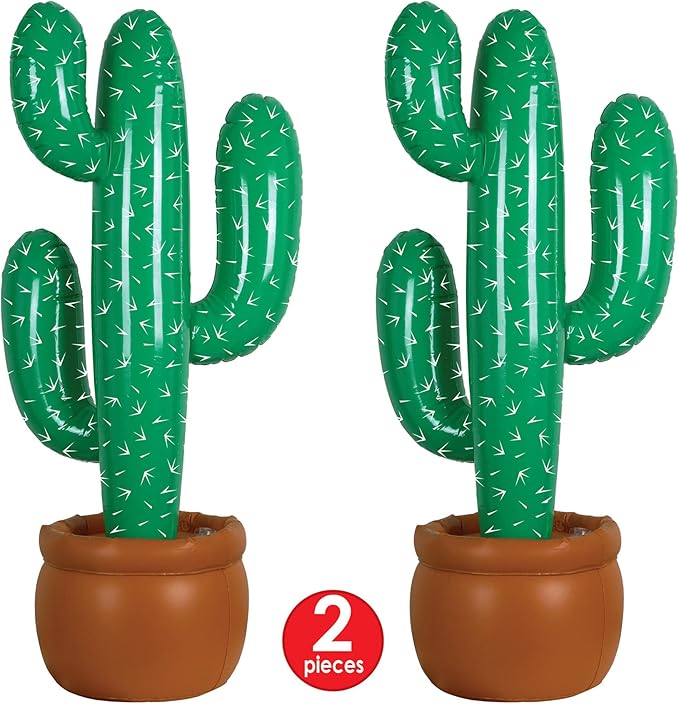 Beistle Pack of 2 Inflatable Cactus Decorations in Green/White/Brown, Wild West Party Decorations, Mexican Cinco de Mayo Party Accessories, 35"