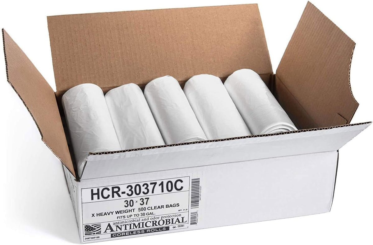 Aluf Plastics High Density Trash Bags, 30 Gallon, 500 Count, 10 Micron (eq), 30" x 37", Clear, for Bathroom, Office, Industrial, Commercial, Janitorial, Municipal, Recycling