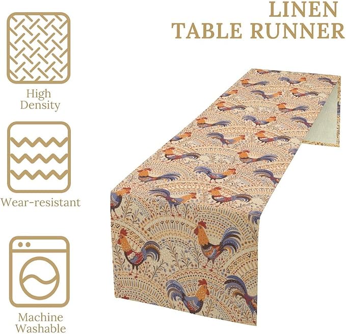 Cute Roosters Table Runner, Boho Rustic Cock Chicken Vintage Arch Floral Plants Print Table Cover for Holiday Kitchen Dining Table Indoor Outdoor Home Party Decor, 13x70inch