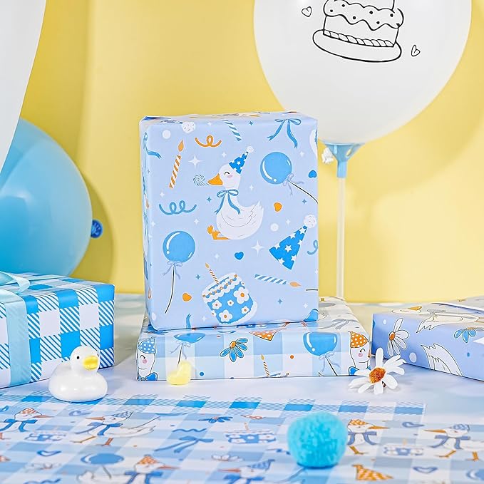 WRAPAHOLIC Silly Gooses Birthday Wrapping Paper Sheet - 8 Sheets Blue Party Goose Wrapping Paper Folded Flat for Boys Birthday, Baby Shower - 19.7 Inch x 27.5 Inch Per Sheet