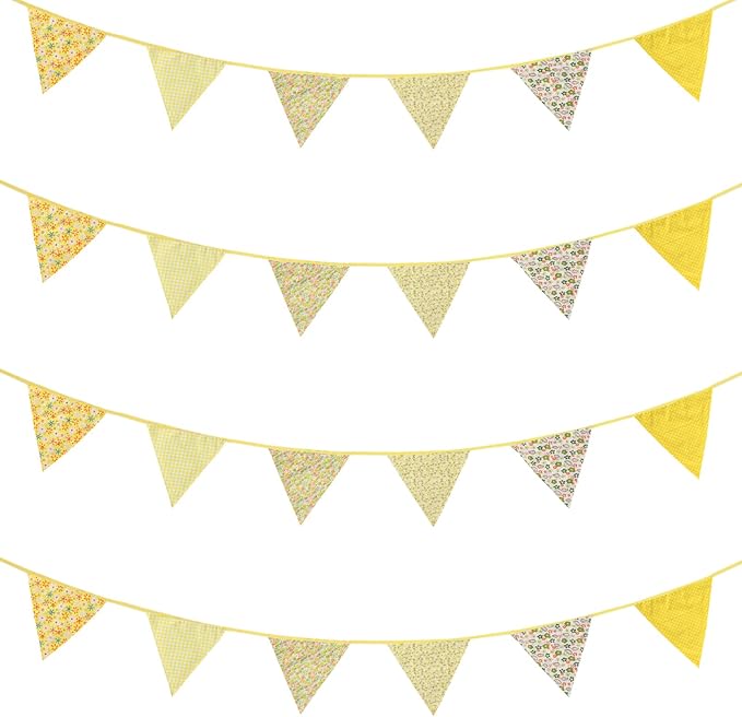 Zwiebeco 32Ft Yellow Fabric Floral Pennant Banner Bunting Cotton Flowers Triangle Flags Party Decorations for Birthday Wedding Engagement Bridal Baby Shower Rustic Village Sweet Home Garden Décor