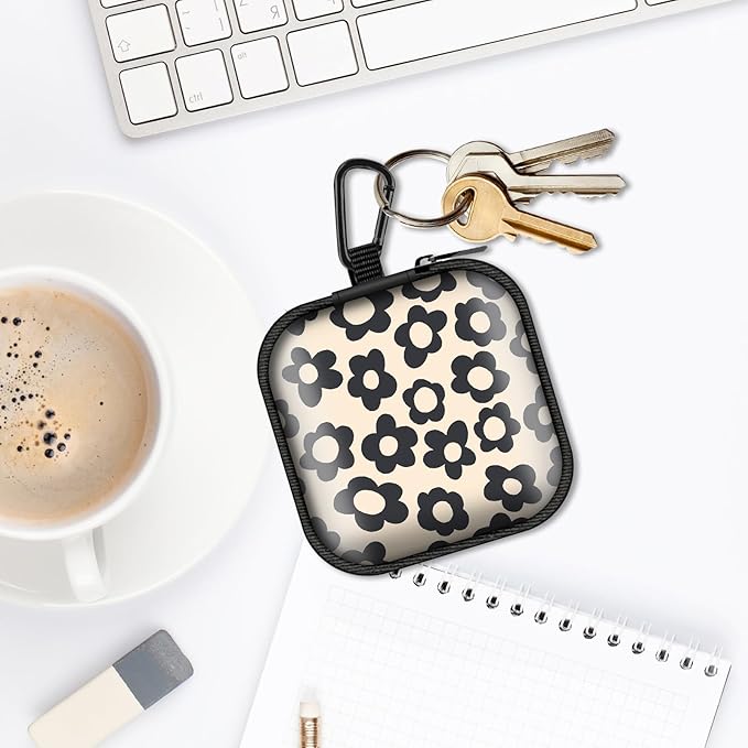 Square Data Cable Earbud Charger Coin Storage Bag Shockproof and Drop-Proof EVA Material Compatible with AirPod(Beige Groovy Flower)
