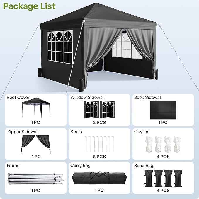 10x10 Pop Up Canopy with Sidewalls, Instant Portable Canopy Tent with Carry Bag for Commercial Events, Camping, Parties - Black