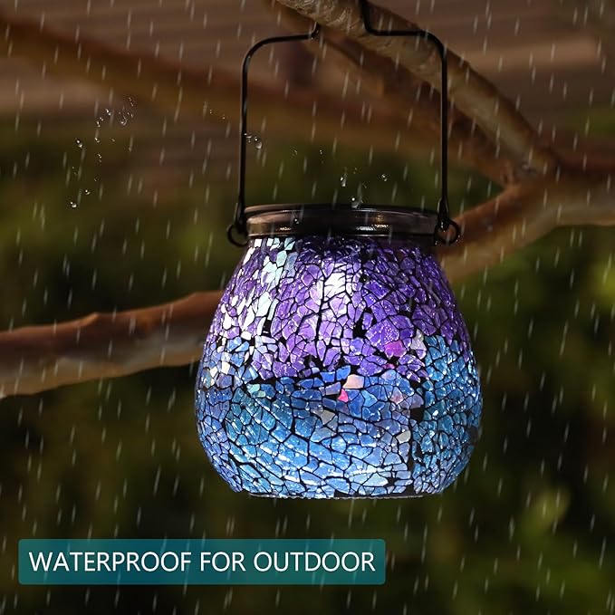 Bshine Mosaic Solar Lantern Outdoor Hanging Waterproof, Colourful Glass Purple Lantern Valentine's Day Indoor Decor Table, Garden Decor for Yard Outside, Lawn, Birthday Gift for Mom Women Gardening