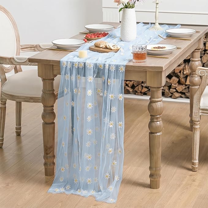 Horaldaily Blue Embroidery Daisy Spring Summer Gauze Tablecloth 60×104 Inch Rectangular, Seasonal Tulle Table Cover, Garden Party Decorations for Wedding, Party, Holiday Dining