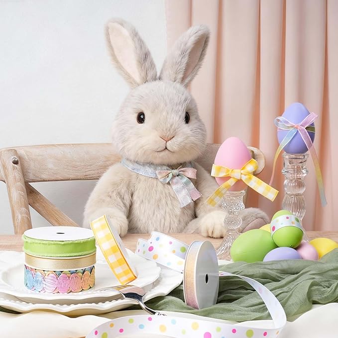 LaRibbons Easter Ribbons for Crafts, 6 Rolls Spring Decorative Ribbons,5 Yards Each, Pastel & Easter Egg Designs for Gift Wrapping, Wreaths & DIY Crafts