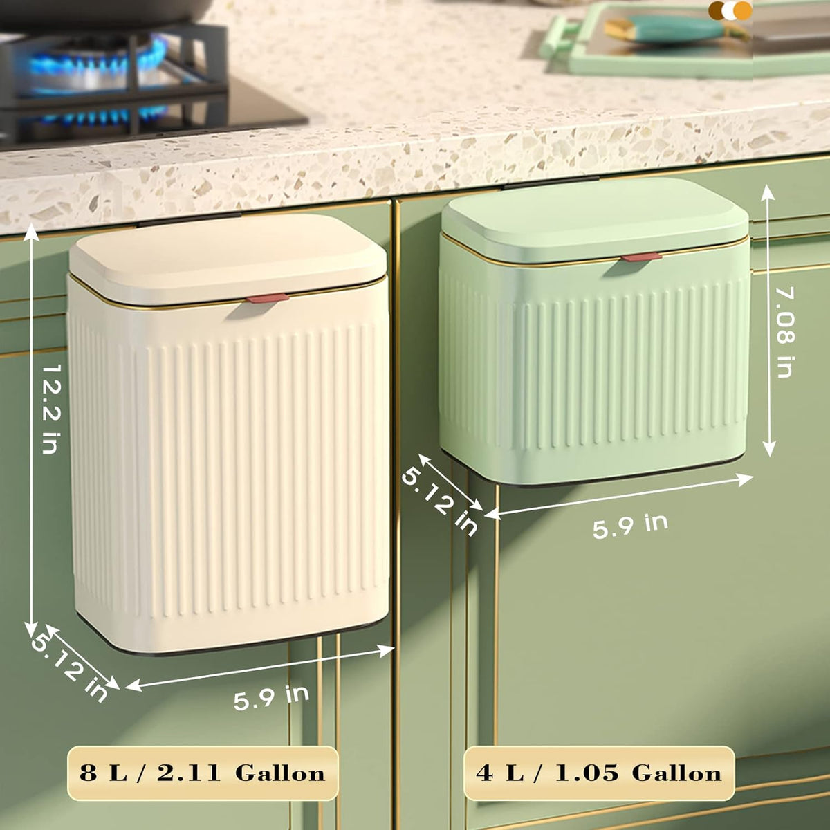 GloDeals Kitchen Trash Can with Lid, 2 in 1 Small Garbage Can Compost Bin Countertop, Wall-Mounted Under Sink Indoor Trash Bin for Kitchen, Bathroom, Cabinet Trash Can Hanging (Vintage Green/2.1Gal)