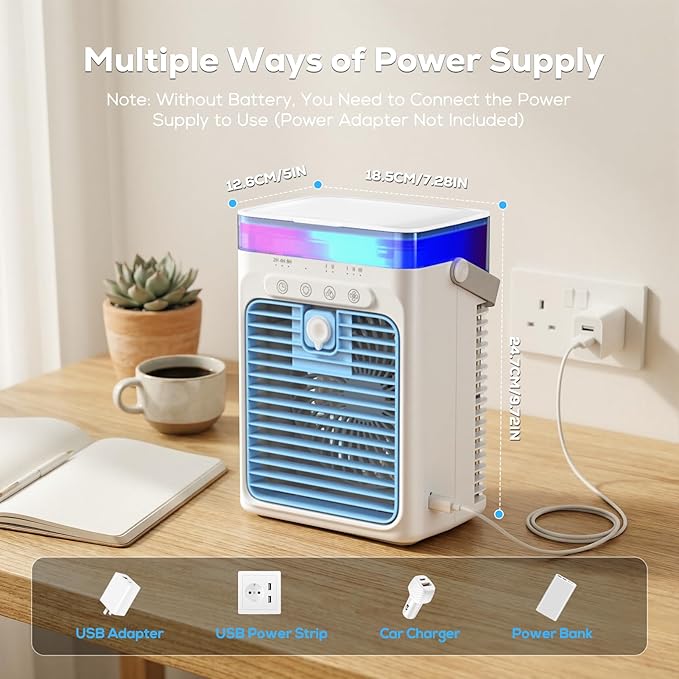 Portable Air Conditioners, Personal Evaporative Air Cooler, 3-Speed Small AC Fan, 8H Auto-off, Mini Air Conditioner, Cooling Fan for Car, Desktop, Camping, Bedroom, Office (Blue)