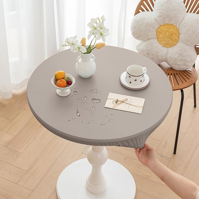 Round Fitted PU Tablecloth with High Elastic Edge 31 Inch Dia Waterproof Oil Proof Table Cloth Anti-Scald Stain-Resistant Wipeable Table Cover for Indoor Outdoor Picnic (Grey,31" Dia)
