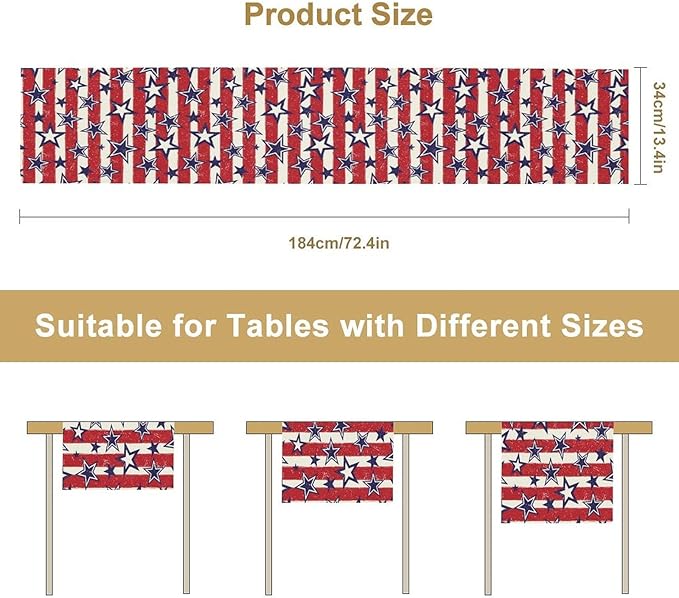 4th of July Table Runner, Vintage American Independence Day Stripes and Stars Patriotic Table Center Decor for Home Kitchen Dining Party Outdoor Holiday 13x108in