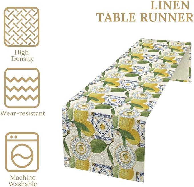Tiles Lemon Table Runner, Watercolor Italian Tile Floral Plant Print Table Runner for Farmhouse Coffee Home Kitchen Dining Outdoor Party 13x60in