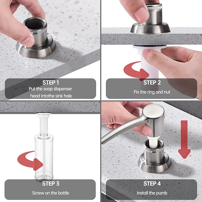 Kitchen Sink Soap Dispenser Brushed Nickel, Built in Soap Dispenser Kitchen Countertop, ABS Pump Head with Refillable Bottle, Under Counter Dish Soap Hand Lotion Dispenser