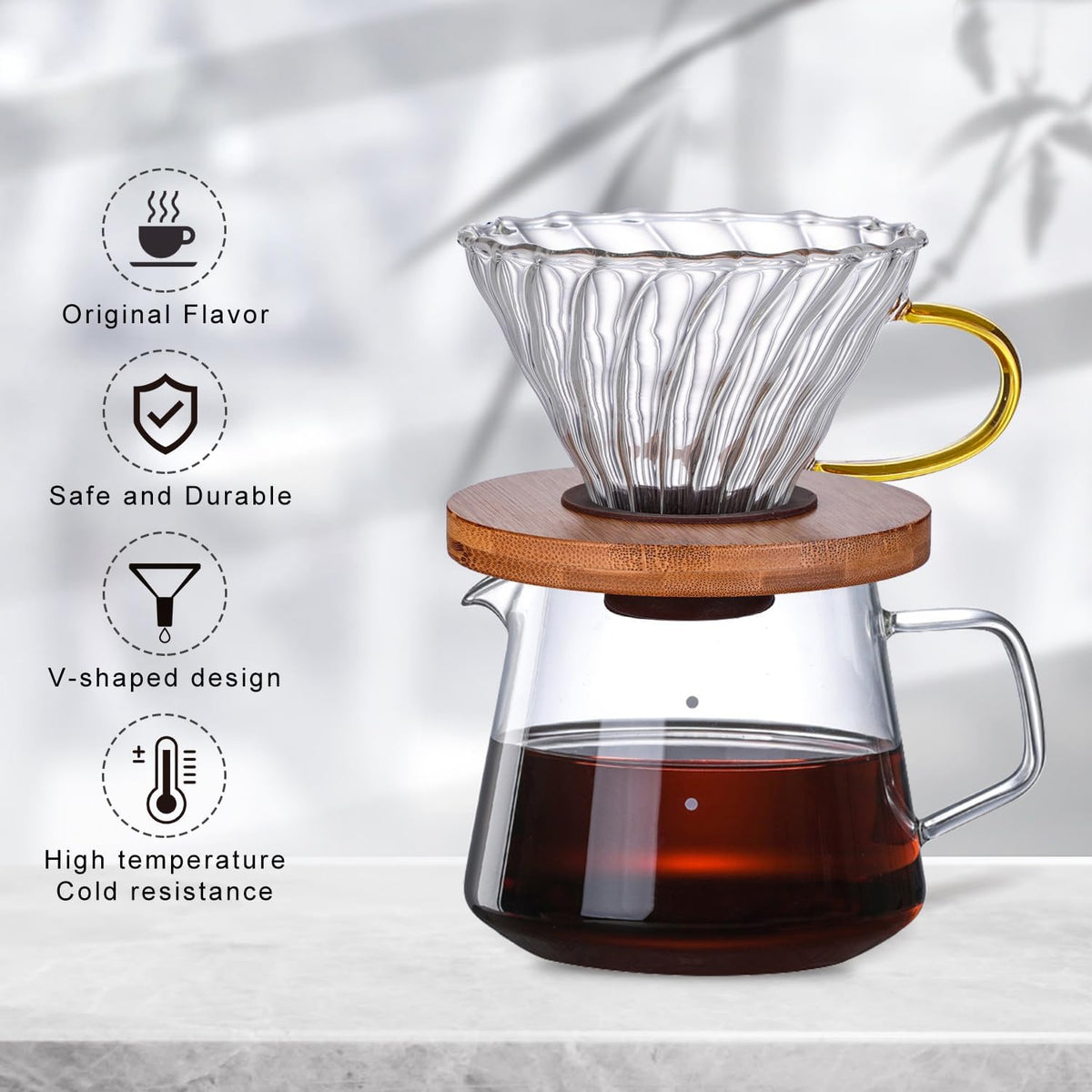 Gute Glass Coffee Dripper/Filter - Cone Glass Pour Over Coffee Dripper with Bamboo Stand & Handle