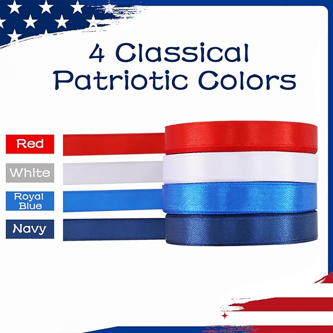 TONIFUL 4 Rolls 100 Yards Patriotic Ribbons, 3/8 Inch Wide Blue Red White 4th of July Satin Ribbons for Gift Wrapping, Independence Day Crafts, Patriotic Party Decorations