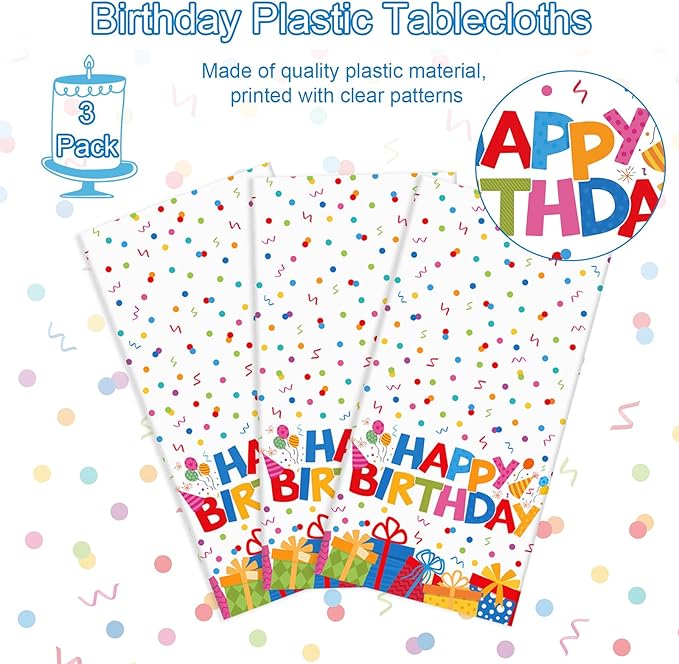 NatNarr 3 Pack Plastic Birthday Tablecloth, 54 x 108 Inch Disposable PE Happy Birthday Tablecloth Waterproof Rectangle Birthdays Party Table Cover for Birthdays Party Decorations