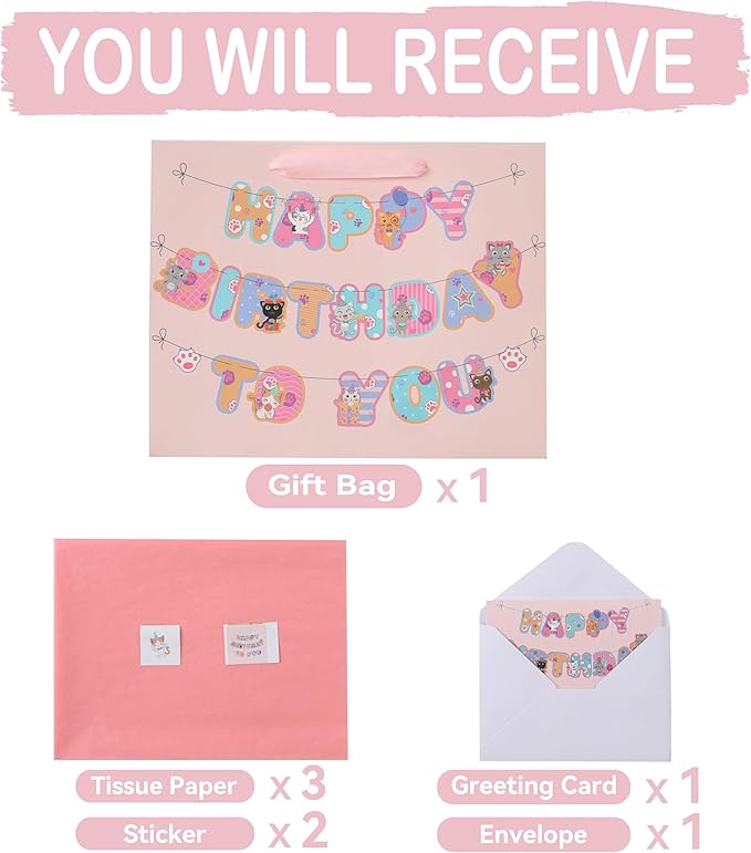wishinside 13” Large Cat Happy Birthday Gift Bag Set with Handles, Greeting Card, Pink Tissue Papers and Stickers for Girls Kids Teens Women, Kitty-themed Banner Design, 1 Pcs