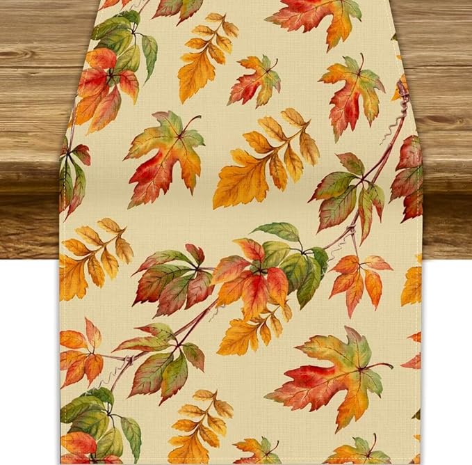 Fall Table Runner, Autumn Orange Yellow Maple Leaves Rustic Thanksgiving Farmhouse Table Cover for Kitchen Dinning Table Indoor Outdoor Party Decor, 13x90inch