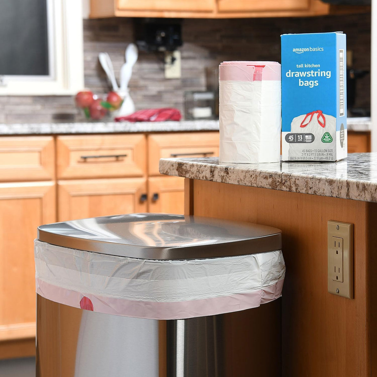 Amazon Basics 13 Gallon Tall Kitchen Drawstring Trash Bags, Unscented, 10% Post Consumer Recycled, 45 Count