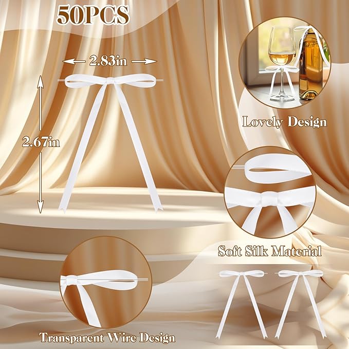 50 Pcs Satin Ribbon Bows 5x7 Inch Twist Tie Bows, Cute White Bow Decor for Gift Wrapping, Cake Treat Bags, Craft DIY Gift, Party Favors Wedding Decorations (White)