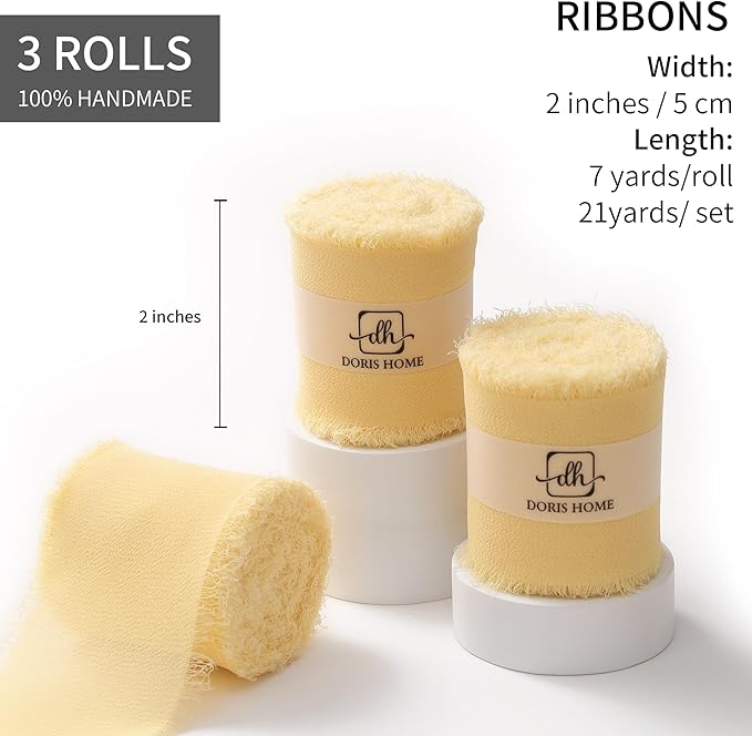 DORIS HOME Yellow Chiffon Ribbon for Flower Bouquet, 2" x21Yd Fabric Ribbon for Gift Wrapping, Handmade Frayed Ribbon for Wedding/Christmas Decorations
