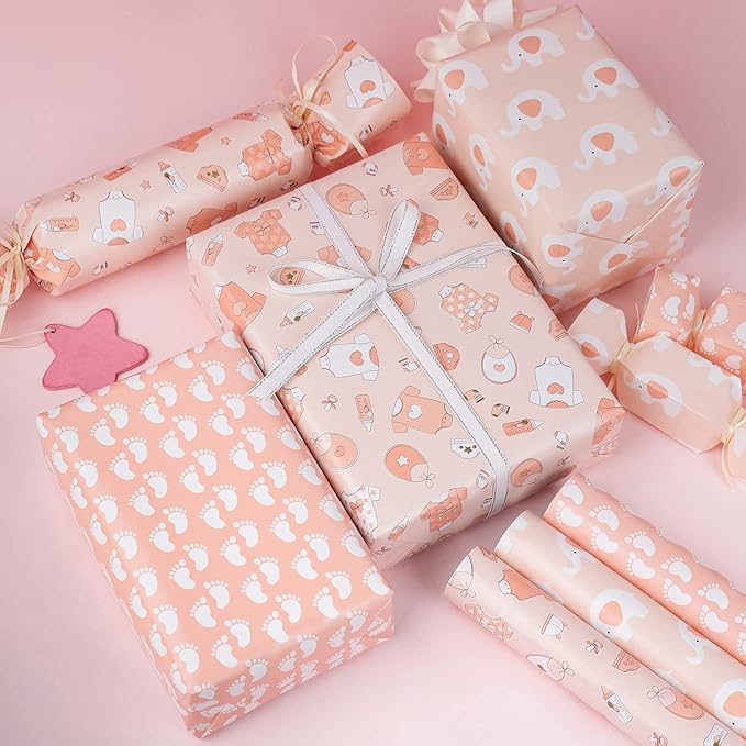 MAYPLUSS Pink Gift Wrapping Paper Roll - 17" X 120" Per Roll - Lovely Girly Little Girl Elephant, Clothing, Footprint Themed Birthday Gift Wrap Present Paper for Baby Shower, New Baby Party