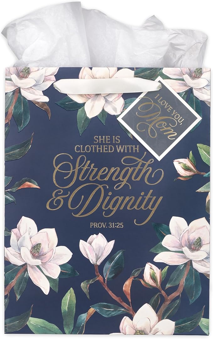 Christian Art Gifts Large Portrait Inspirational Scripture Women's Gift Bag, Tag & Wrapping Tissue Paper Set: Strength & Dignity Bible Verse for Moms, Cute Navy Blue Floral/Gold, Satin Ribbon Handles