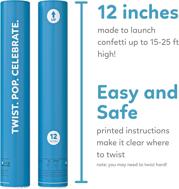 2 Pack Confetti Cannon Confetti Poppers | Biodegradable Blue Confetti | TUR Party Supplies | Launches Up to 25ft | Giant (12 in) | Party Poppers for Graduation, Birthdays, Weddings, and Memorial Day