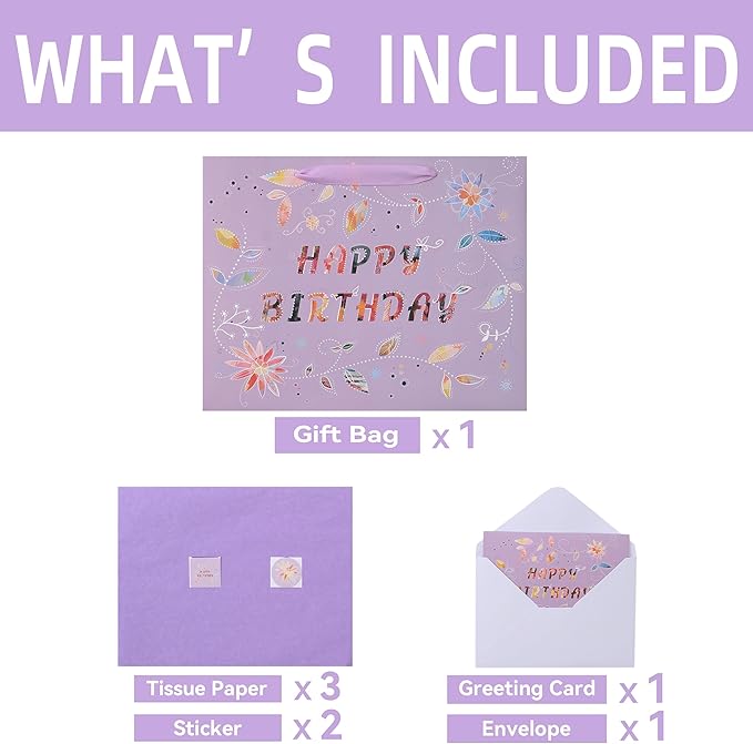 Qirrmiy 13'' Large Happy Birthday Gift Bag Set with Handles, Greeting Card, Purple Tissue Papers and Stickers for Women Girls, Purple Floral Design, 1 Pcs