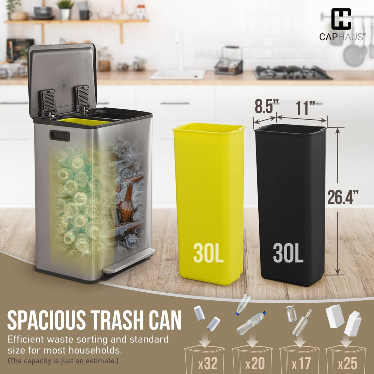 CAPHAUS Dual Trash Can with Lid, Trash and Recycling Bins Combo for Kitchen, Hands-Free Stainless-Steel Garbage Can with 2 Compartment, Hinged Lid, Odor Filter, Handles, 30L+30L, 2 x 8 Gallon