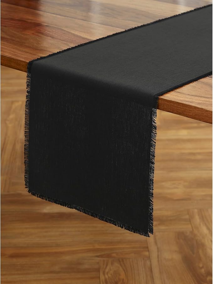 Solino Home Linen Black Table Runner 120 Inches Long - Fringe, 100% Pure Linen Dining Table Runner 14 x 120 Inch for Spring