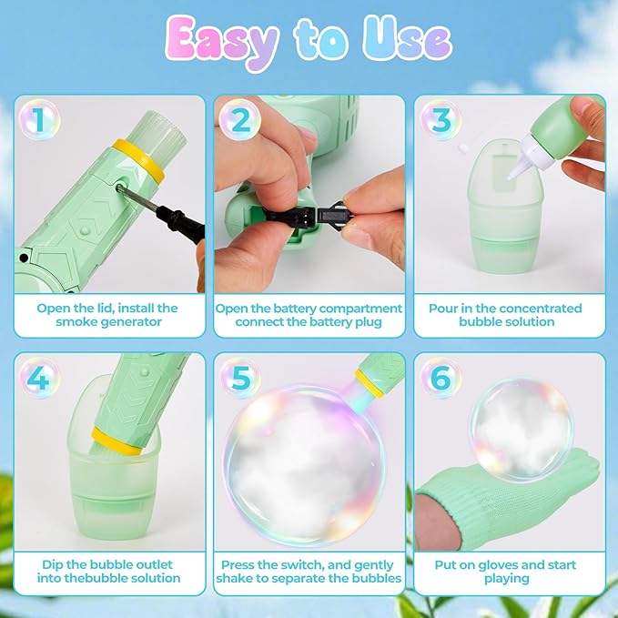 Smoke Bubble Machine, Elastic Bubble Fog Wand, Rechargeable Fog Bubble Machine with Lights & Sound, for Parties Outdoor Interactive Fun (Green)