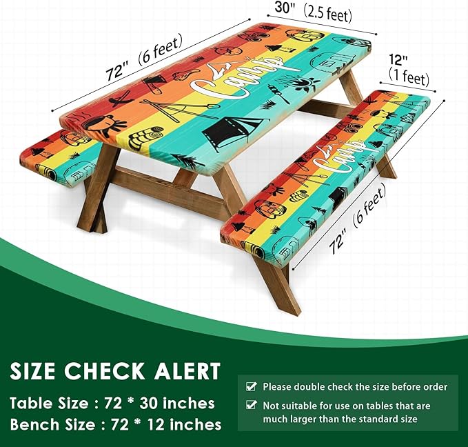 Picnic Table Cover with Bench Covers Elastic Edges, Rainbow Wood Camper Fitted Table Cover, Outdoor Patio Camping Essentials 72 Inch 3PCS, Waterproof Camping Fitted Tablecloth with Drawstring Bag