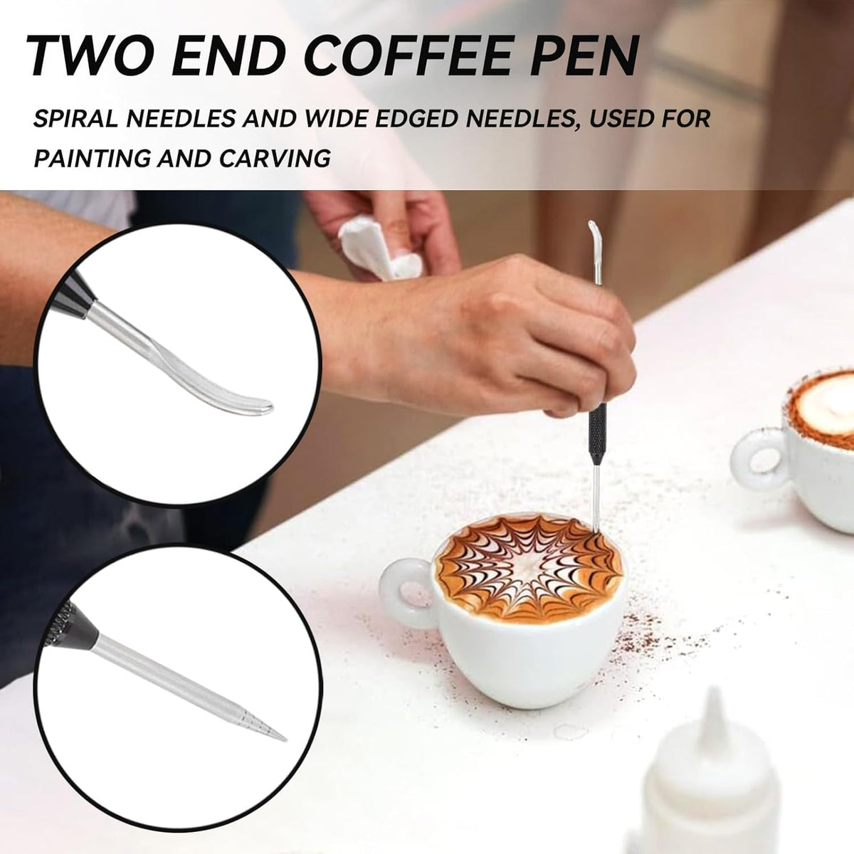 2PCS Latte Art Pen, Stainless Steel Latte Art Tools 2 Ends Coffee Art Pen Latte Pen Coffee Pull Needle Coffee Fancy Stitch Barista Tool Coffee Art