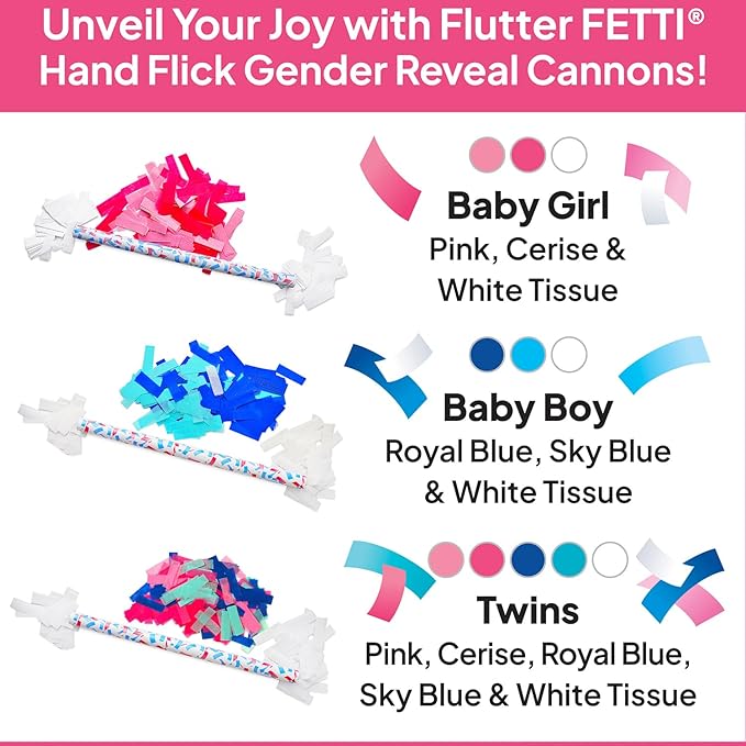 Flutter FETTI® 6 Pack Gender Reveal Pink Confetti Cannons for Baby Girl - 14" Gender Reveal Cannons - Pink, Cerise, & White - Made in USA