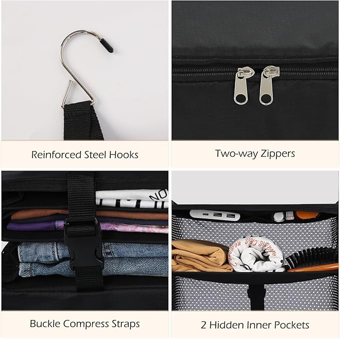 Surblue Hanging Closet Storage Bag Collapsible 3-Shelf Washable Oxford Fabric with 2 Hooks (L 11.41 * 11.41 * 19.68in, Black)