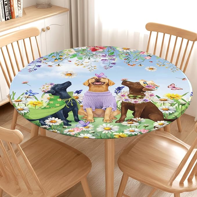 Spring Dogs Round Fitted Tablecloth with Elastic Colorful Floral Farmhouse Easter Circle Table Cloth for 44-48" Tables Wipeable Waterproof Outdoor Wildflowers Puppy Table Cover for Party Picnic Dining