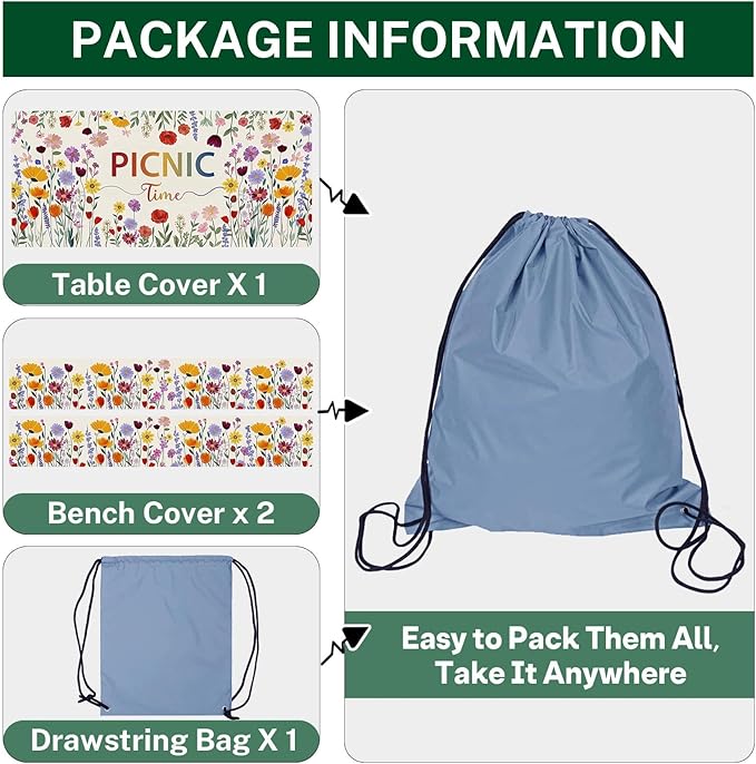 Picnic Table Cover with Bench Covers Elastic Edges, Wildflower Boho Camper Fitted Table Cover, Outdoor Camping Essentials 72 Inch 3PCS, Waterproof Camping Fitted Tablecloth with Drawstring Bag