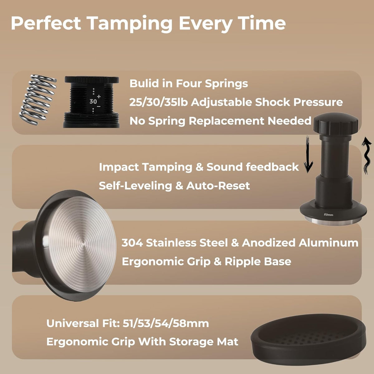 Coffee Tamper 51mm, Spring Loaded Espresso Tamper with 25lb/30lb/35lb Calibrated Springs, Sound Feedback & Ripple Base for Even Extraction