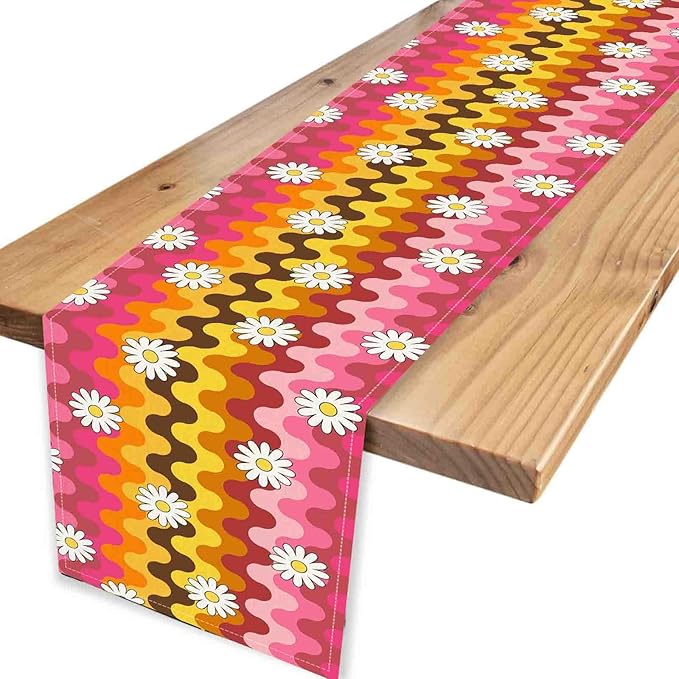 70s Table Runner, Retro Groovy Hippie Daisy Floral Pink Yellow Wave Funky Trippy Coffee Table Center Decor for Home Kitchen Dining Patio Holiday Party Indoor Outdoor Table Decorations, 13"x72" Inch