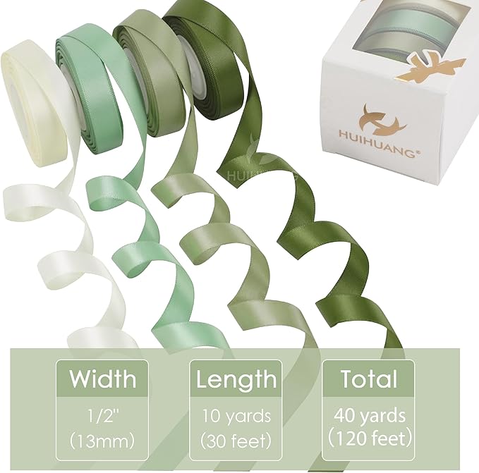 HUIHUANG Sage Green Satin Ribbon 1/2 inch x 4 Rolls Ivory/Sage/Dusty Sage/Moss Green Ribbon for Gift Wrapping DIY Crafts Hair Bows Flower Bouquets Wedding Decor- Total 40 Yards
