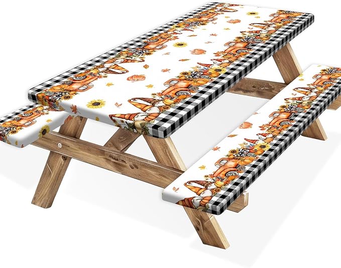 Fall Picnic Table Cover with Bench Covers, Camping Essentials, Buffalo Plaid Thanksgiving Pumpkin Waterproof Windproof, Fitted Tablecloth Cover with Elastic Edge, Indoor & Outdoor, 3 PCS, 30x72 Inch
