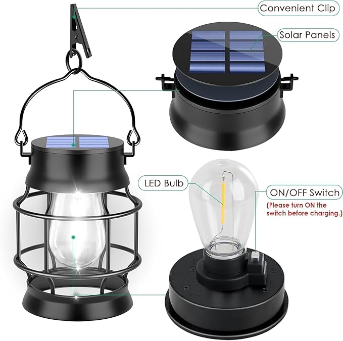 TomCare Solar Lanterns Lights Outdoor Waterproof Metal Hanging Solar Lights Lantern for Outdside Decorative Patio Porch Garden Lawn, 2 Pack (Cool White)