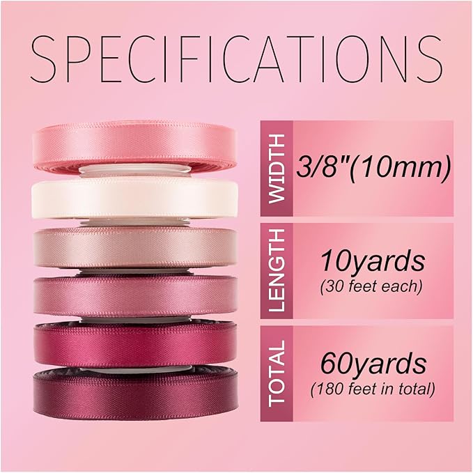 Rose Ribbon Thin 3/8 Inch x 60 Yards Dusty Rose, Dusty Pink, Rosy Mauve, Double Faced Satin Ribbon for Gift Wrapping, Flower Bouquet, Wedding Invitation, Bows, Crafts, Gift Bags