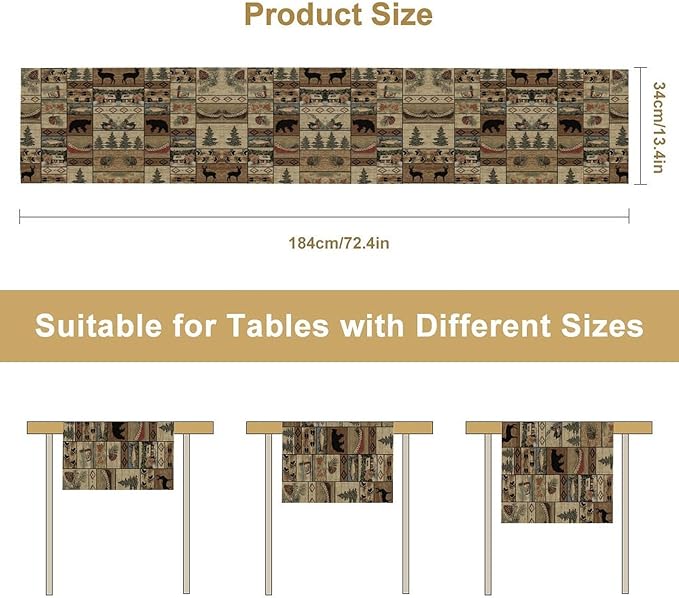 Wildlife Bear Table Runner, Rustic Cabin Animal Farmhouse Table Runner for Home Kitchen Dining Table Party Home 13x60in