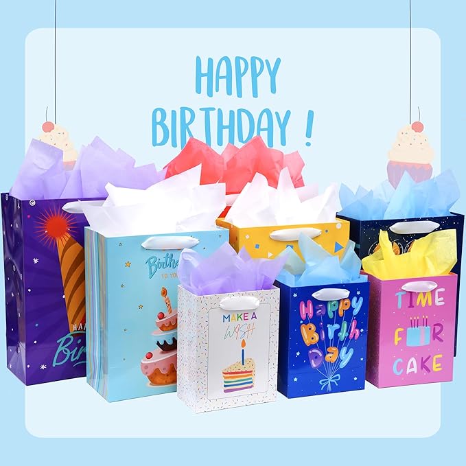 Nihuecne 8 Pack Birthday Gift Bags Assorted Sizes (2 Extra Large 15", 3 Large 13",3 Medium 9") with Ribbon Handle and Tissue Paper, Reusable and Perfect For Wrapping Present