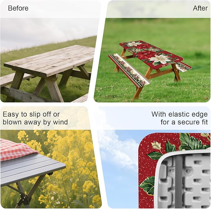 ANNA QUEEN 6FT Christmas Picnic Table Cover Set 3PCS 72"x30", Waterproof Outdoor Bench and Tablecloth Furniture Protection for Camping Beach BBQ Patio Backyard
